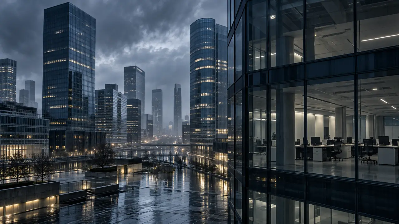 Façade géométrique d'une tour de bureaux contemporaine vue depuis le sol