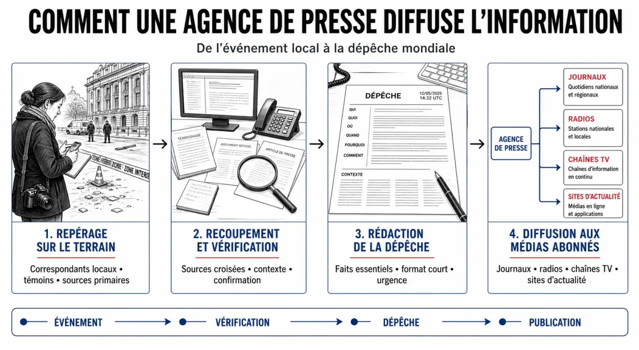 Comment fonctionnent les agences de presse internationales : schéma du flux de l’événement à la diffusion