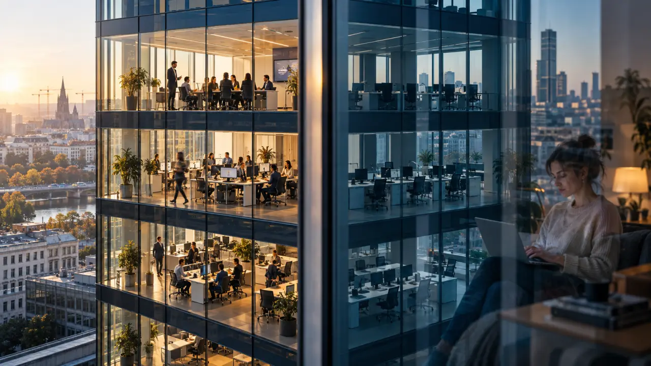 Façade géométrique d'un immeuble de bureaux contemporain