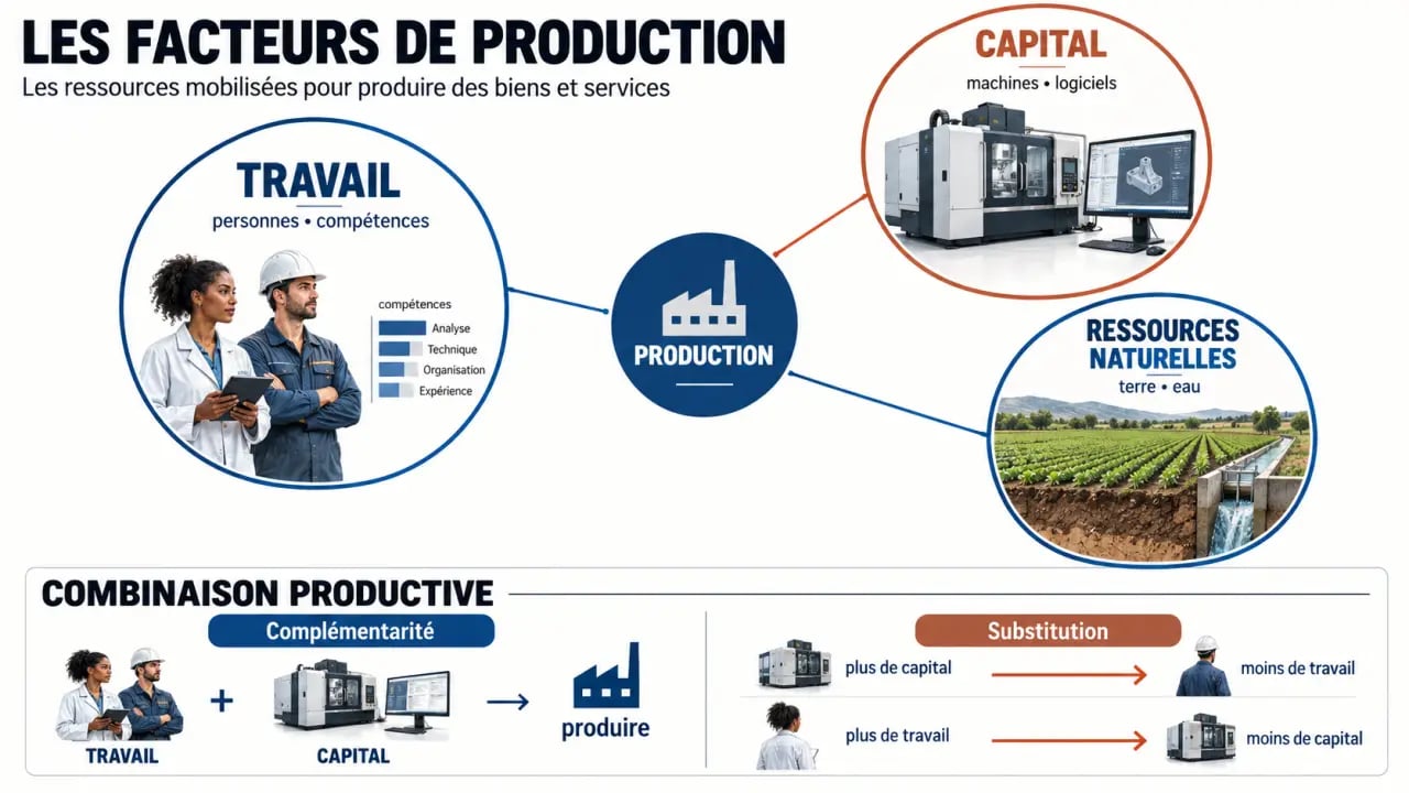 Facteur de production : travail, capital, ressources naturelles et combinaison productive