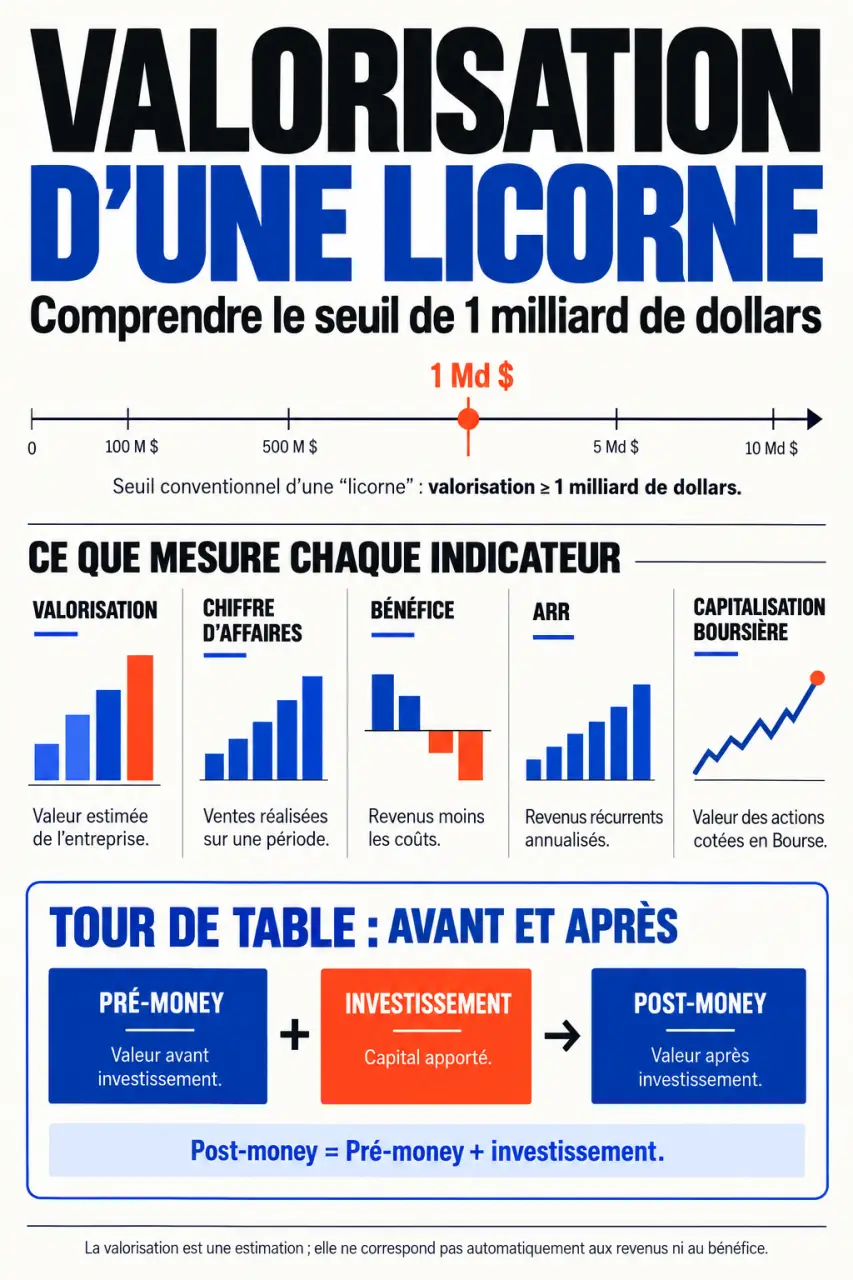 Infographie sur la valorisation d'une licorne entreprise et la différence entre valorisation, chiffre d'affaires et bénéfice