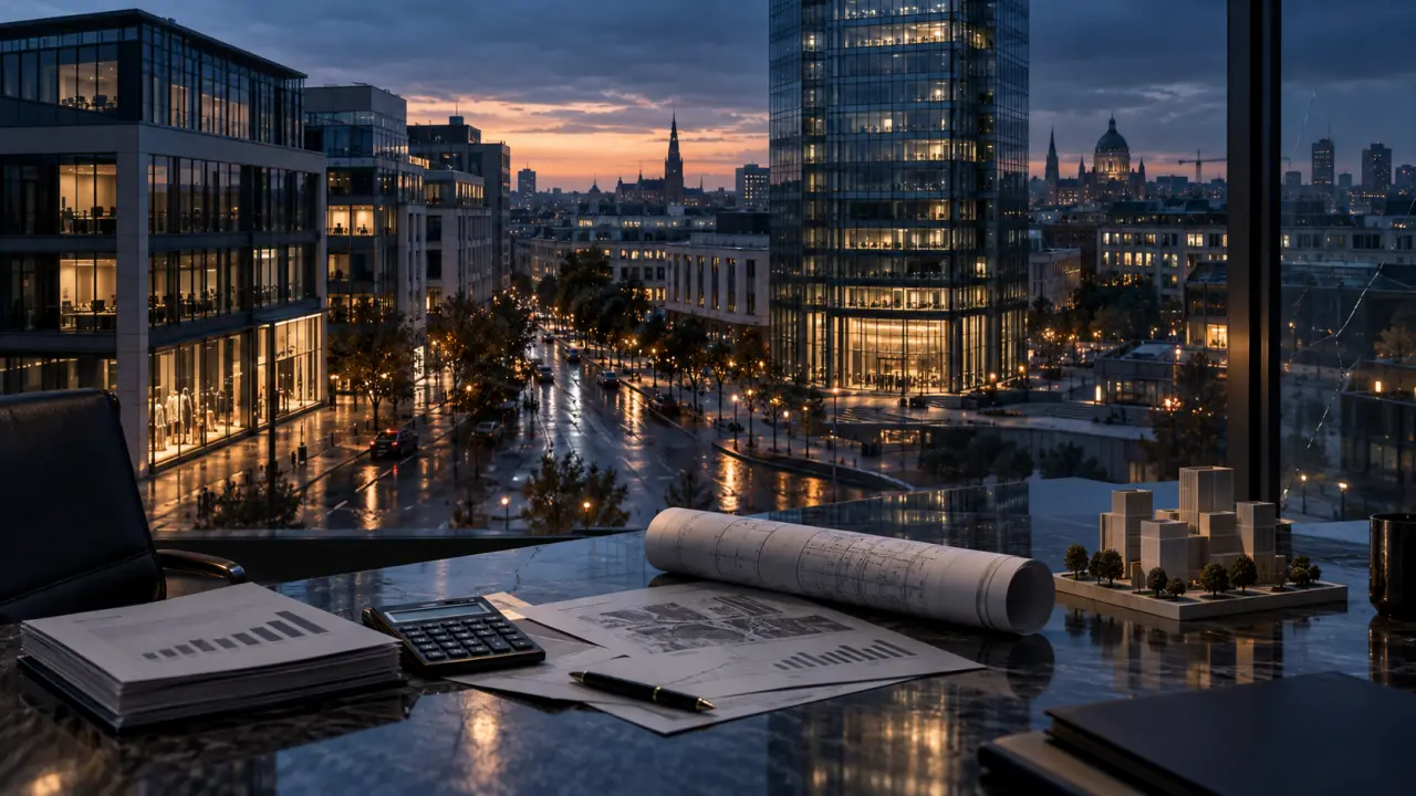 Façade géométrique d'un immeuble commercial moderne vue depuis la rue