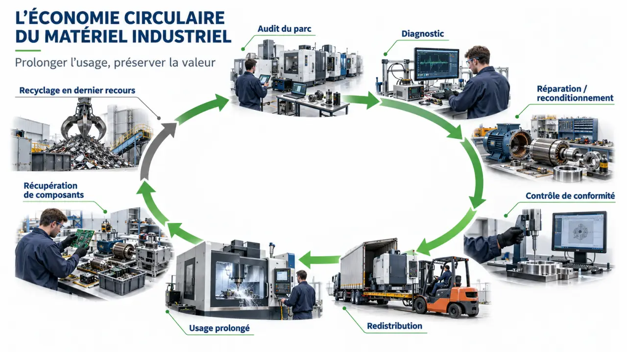 Schéma de l’économie circulaire du matériel industriel, de l’audit au réemploi et au recyclage