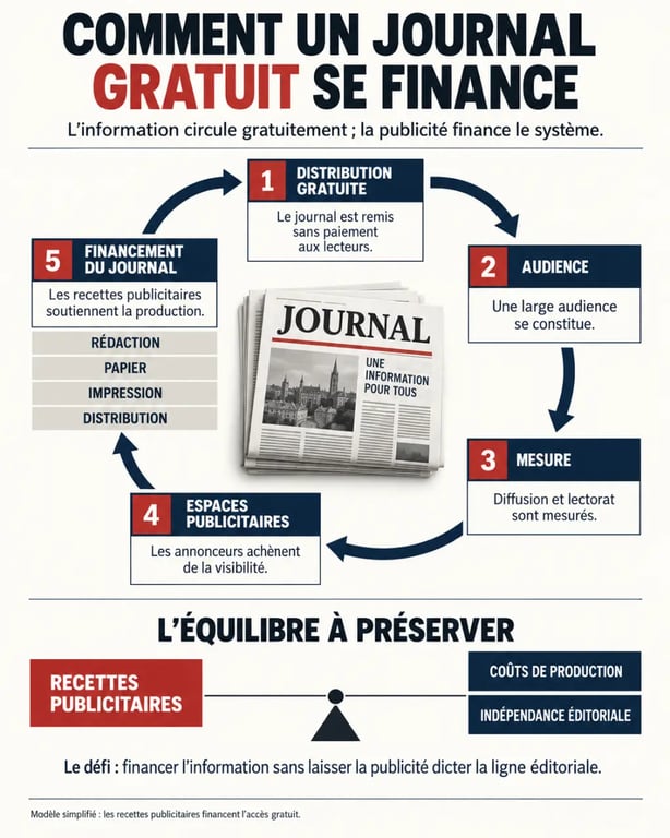 Infographie expliquant comment les journaux gratuits gagnent de l'argent grâce à la publicité et à leur audience