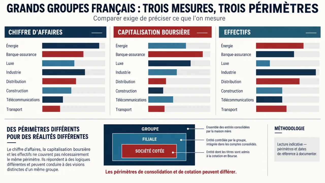 Infographie éditoriale sur les grands groupes français et leurs critères de comparaison