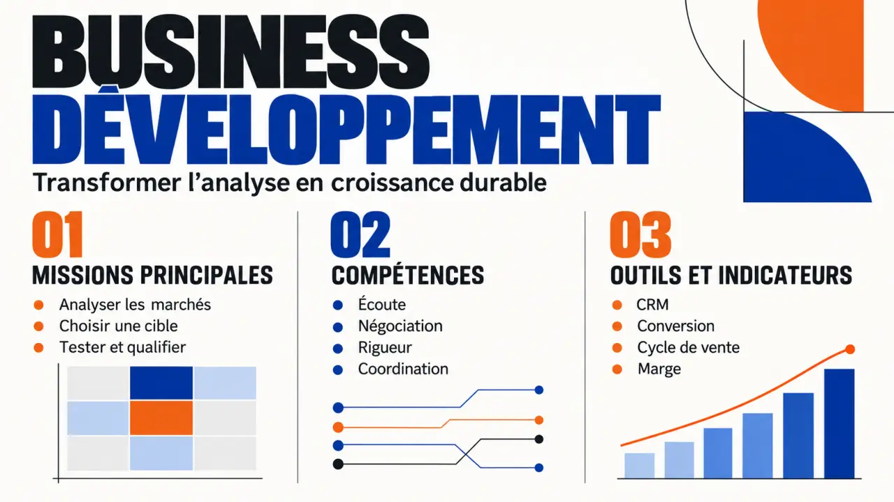 Business développement : synthèse visuelle des missions, compétences, outils et indicateurs