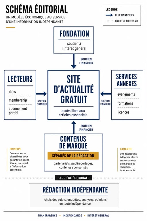 Comment les journaux en ligne gratuits se financent sans publicité : schéma des flux de revenus et de l’indépendance éditoriale