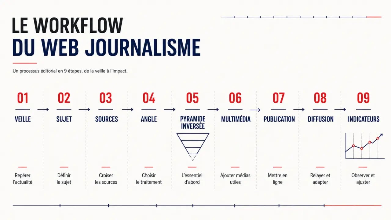 Infographie du workflow du web journalisme, de la veille à la publication et à l'analyse