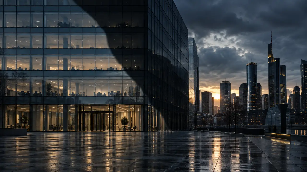 Façade géométrique d'une tour vitrée symbolisant la pression sur l'immobilier commercial