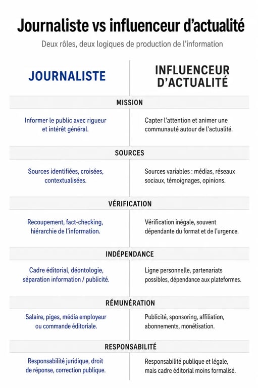 Quelle est la difference entre un journaliste et un influenceur d actualite : infographie comparative sur la mission, les sources et la vérification