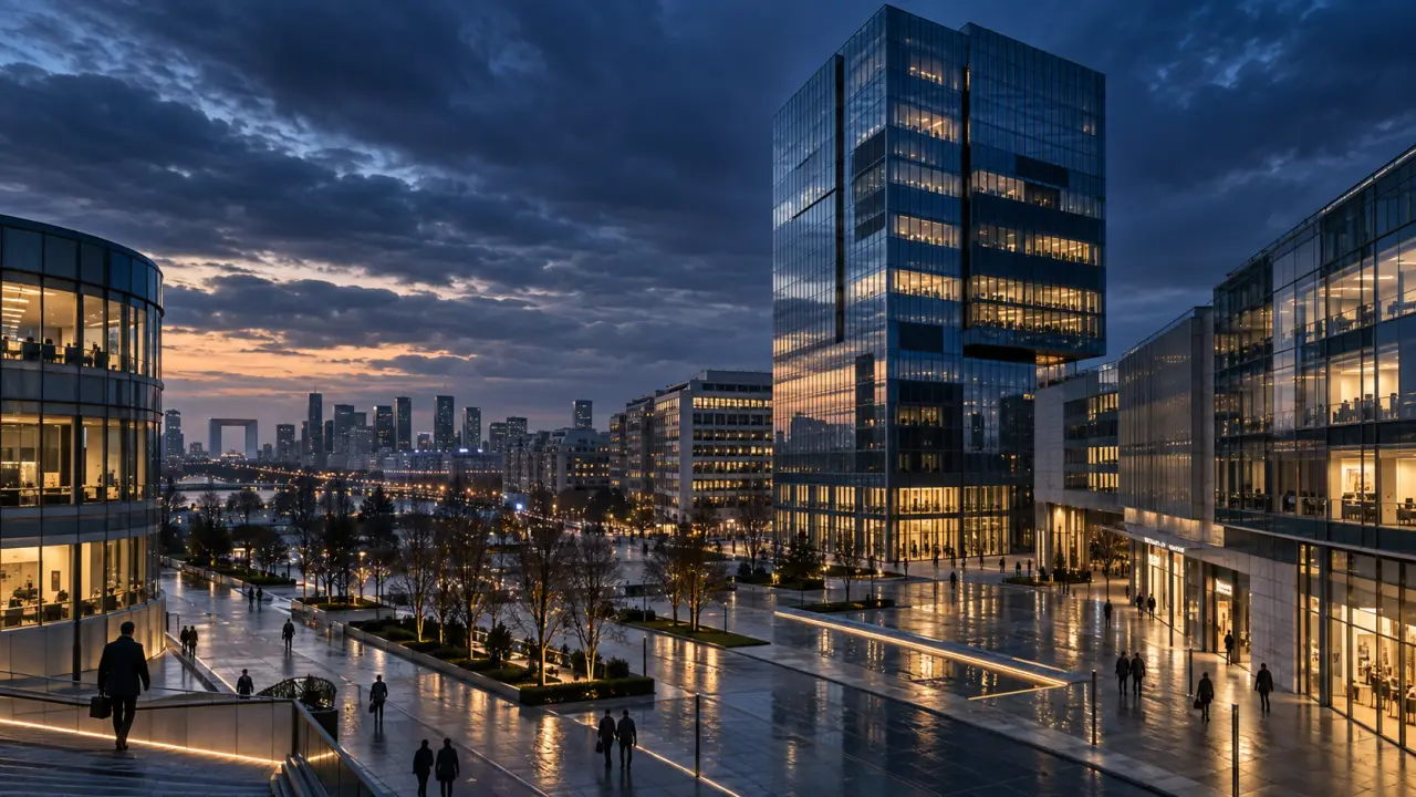Perspective en contre-plongée d'un immeuble commercial vitré aux lignes géométriques