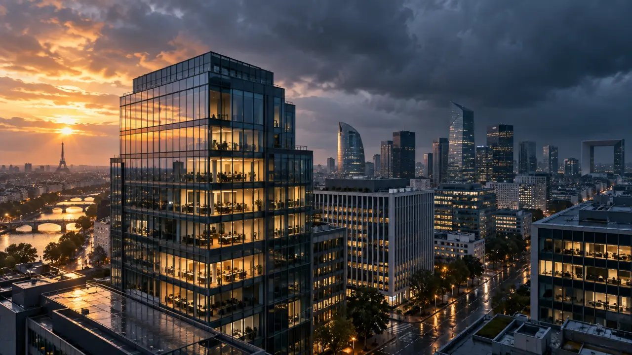 Façade géométrique d'une tour de bureaux européenne vue depuis le sol