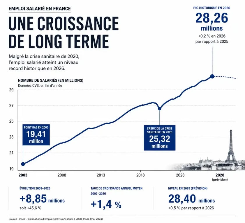 Graphique de l'évolution du nombre de salariés en France de 2003 à 2026