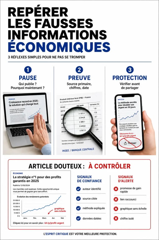 Comment reperer les fausses informations economiques sur internet : schéma des réflexes pause, preuve, protection