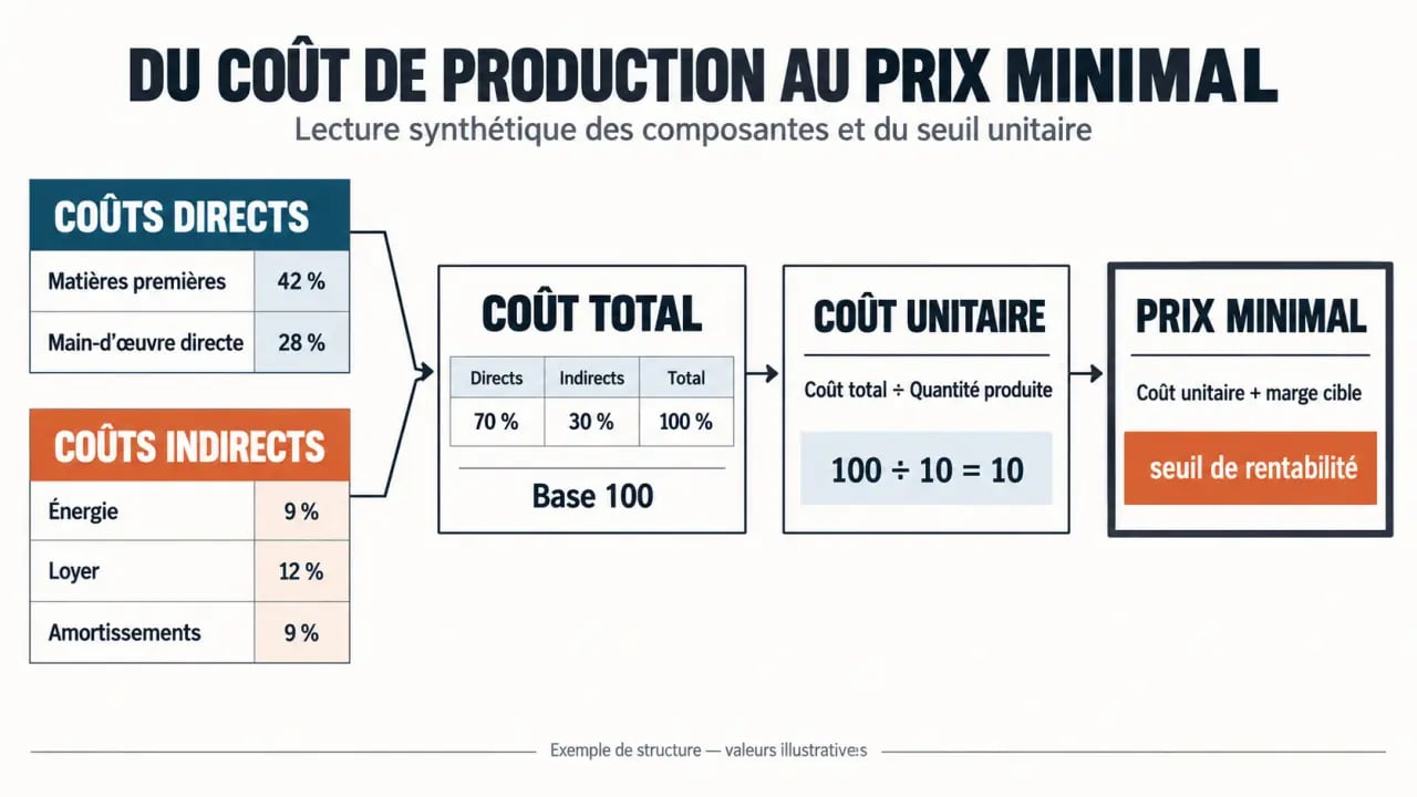 Coût de production total et unitaire expliqué par un schéma des charges directes et indirectes