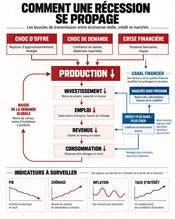 Quel est le rôle d'un journaliste économique en période de récession : schéma de transmission du choc aux ménages et aux entreprises