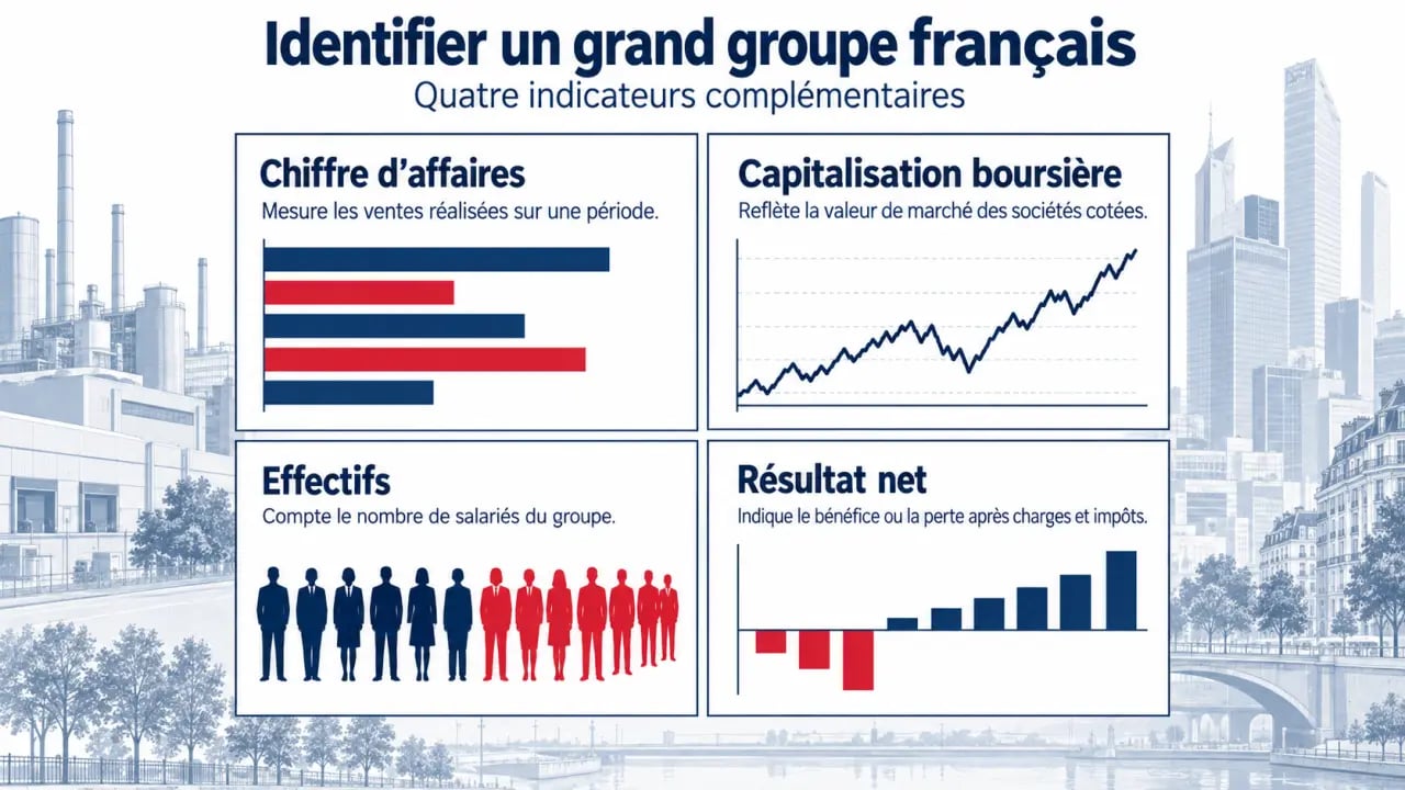 Infographie sur les critères pour identifier un grand groupe français : chiffre d’affaires, capitalisation, effectifs et résultat net