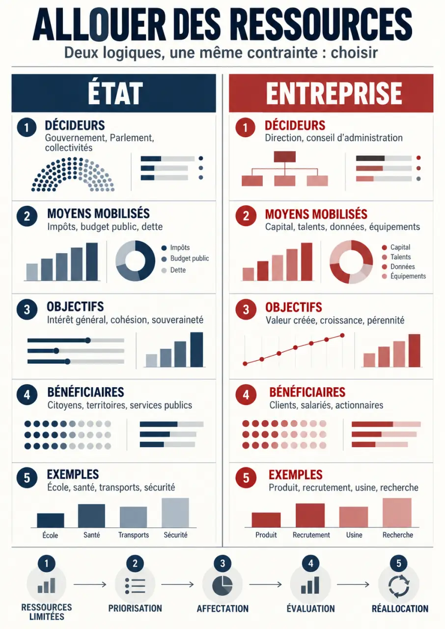Allocation des ressources def : infographie comparant l’allocation publique et l’allocation en entreprise