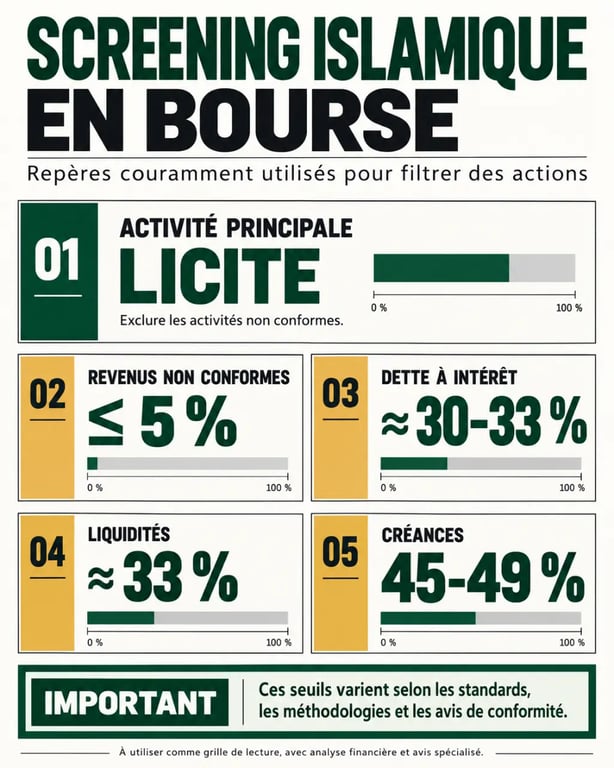 Infographie des critères pour investir en bourse islam : secteurs, riba et ratios de screening