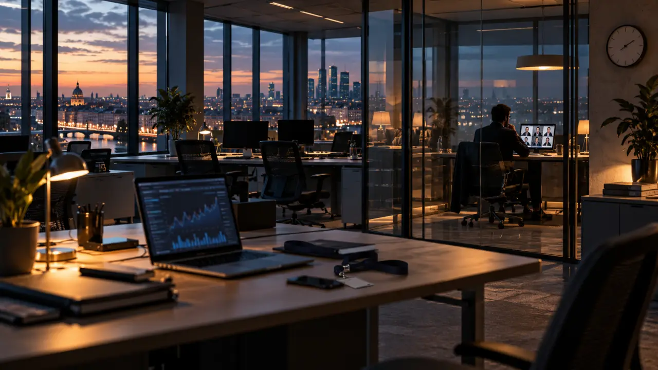 Immeuble de bureaux moderne vu depuis le sol, symbole du travail hybride et de ses coûts