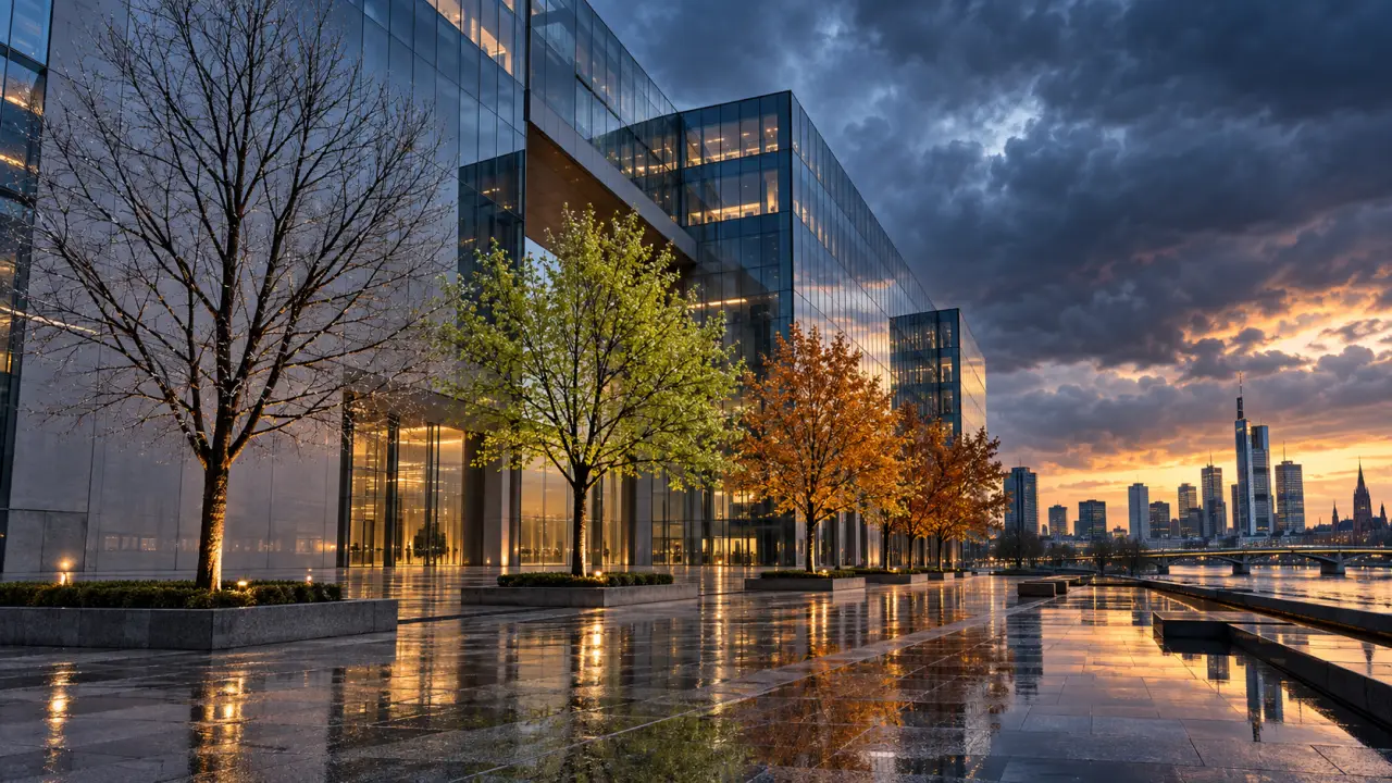 Façade géométrique d'un immeuble commercial moderne vue depuis le sol