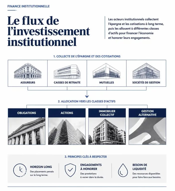 Infographie sur l’investissement institutionnel, de la collecte de l’épargne à l’allocation entre obligations, actions et immobilier