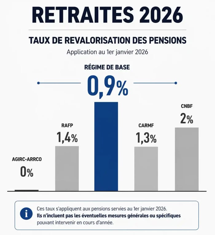 Infographie des taux de revalorisation des retraites en 2026 : augmentation des pensions de base et complémentaires