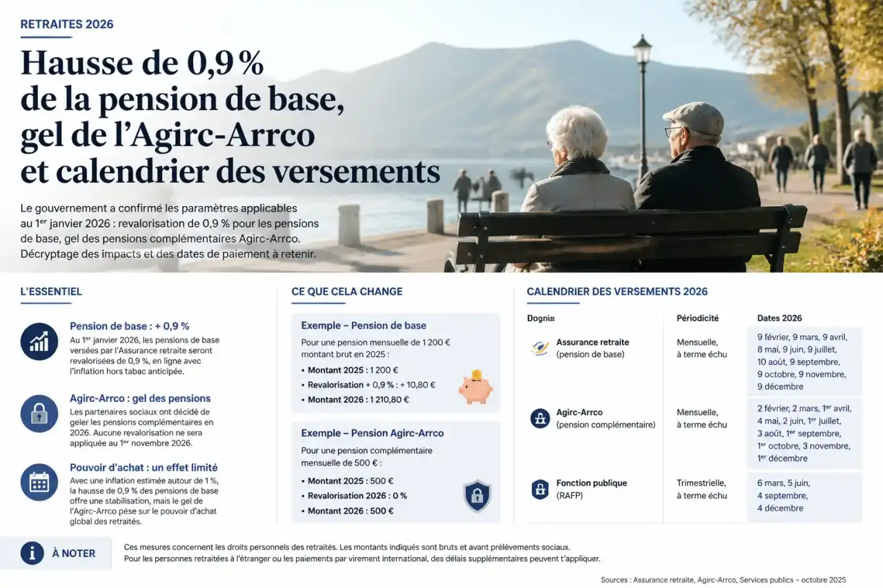 Retraites 2026 : hausse de 0,9 % de la pension de base, gel de l'Agirc-Arrco et calendrier des versements