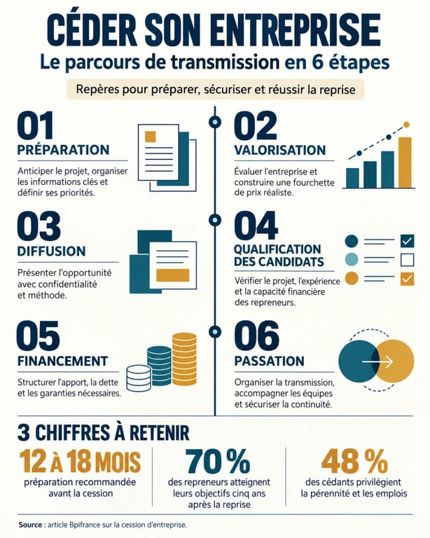 Infographie sur la cession entreprise Bpifrance, ses étapes et les chiffres clés de la transmission