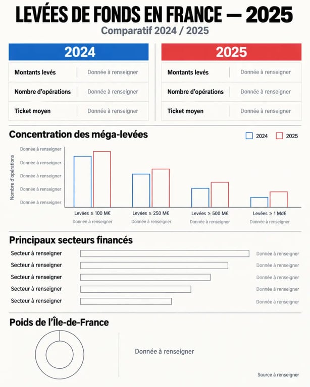 Infographie sur la levée de fonds en France en 2025 : montants, opérations, secteurs et concentration régionale