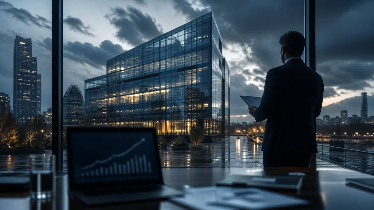 Immeuble de bureaux en verre, photographié en contre-plongée, contrastes marqués