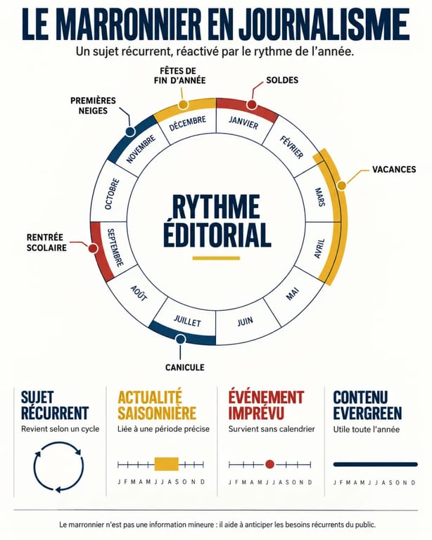Infographie sur le marronnier en journalisme et les sujets récurrents du calendrier