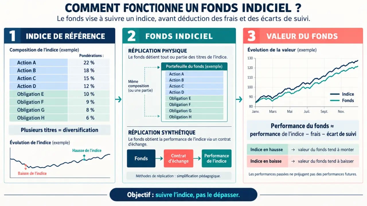 Schéma expliquant le fonctionnement d’un fonds indiciel, de l’indice aux frais et à la performance