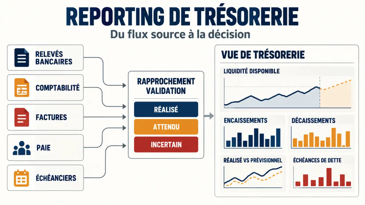 Illustration du reporting de trésorerie, des données collectées au tableau de bord financier